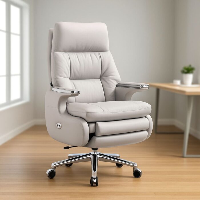 Modern office furniture showroom with desks, chairs and storage