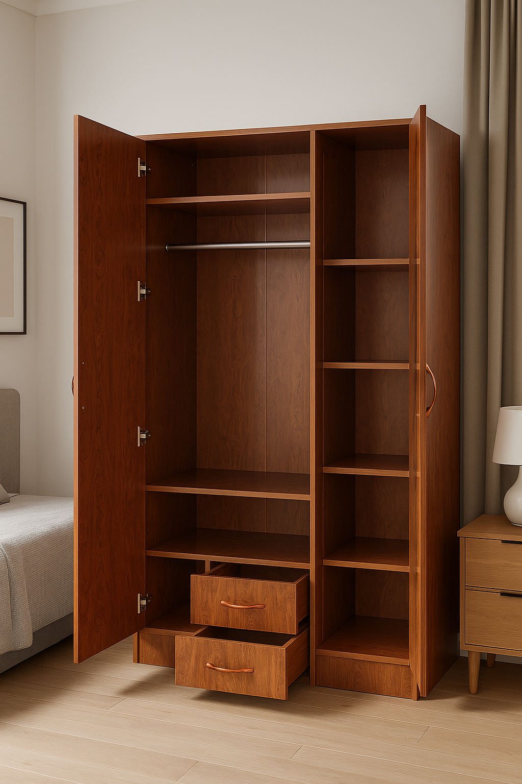 3-Door Wooden Wardrobe with Mirror - Image 2